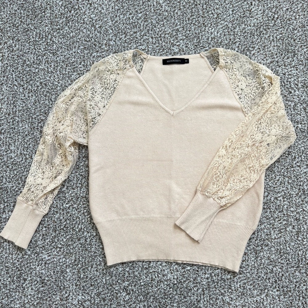Women's Cream Sweater with Lace Sleeves
